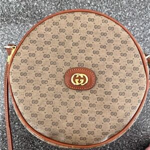 Vintage Gucci Brown GG Canvas Round Crossbody with Tan Trim and Gold Hardware